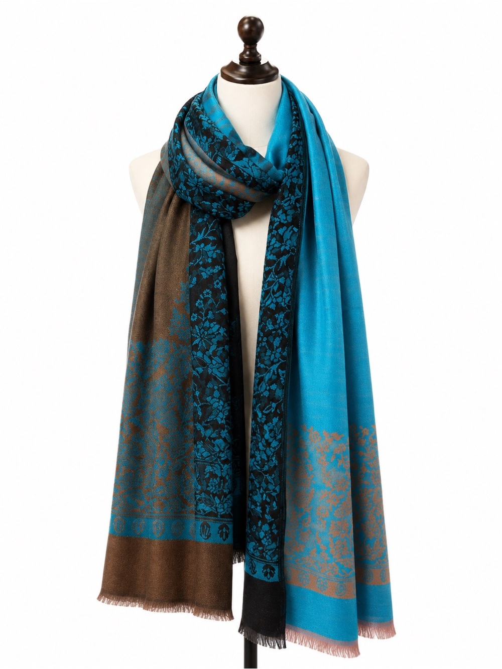 100% Cashmere Turquoise & Gray Floral Jacquard Women's Scarf/ Shawl- New